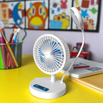 JR-2022 Multifunctional Rechargeable Fan with LED Light – 3000mAh Battery, USB Charging, Adjustable Speeds & Brightness | Foldable Desk & Table Fan with Power Bank Output - Damoo