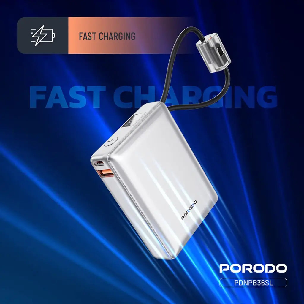 PORODO PETITE 10000mAh Power Bank – PD 20W Portable Charger with Integrated Type-C and Lightning Cables, Silver/Gray