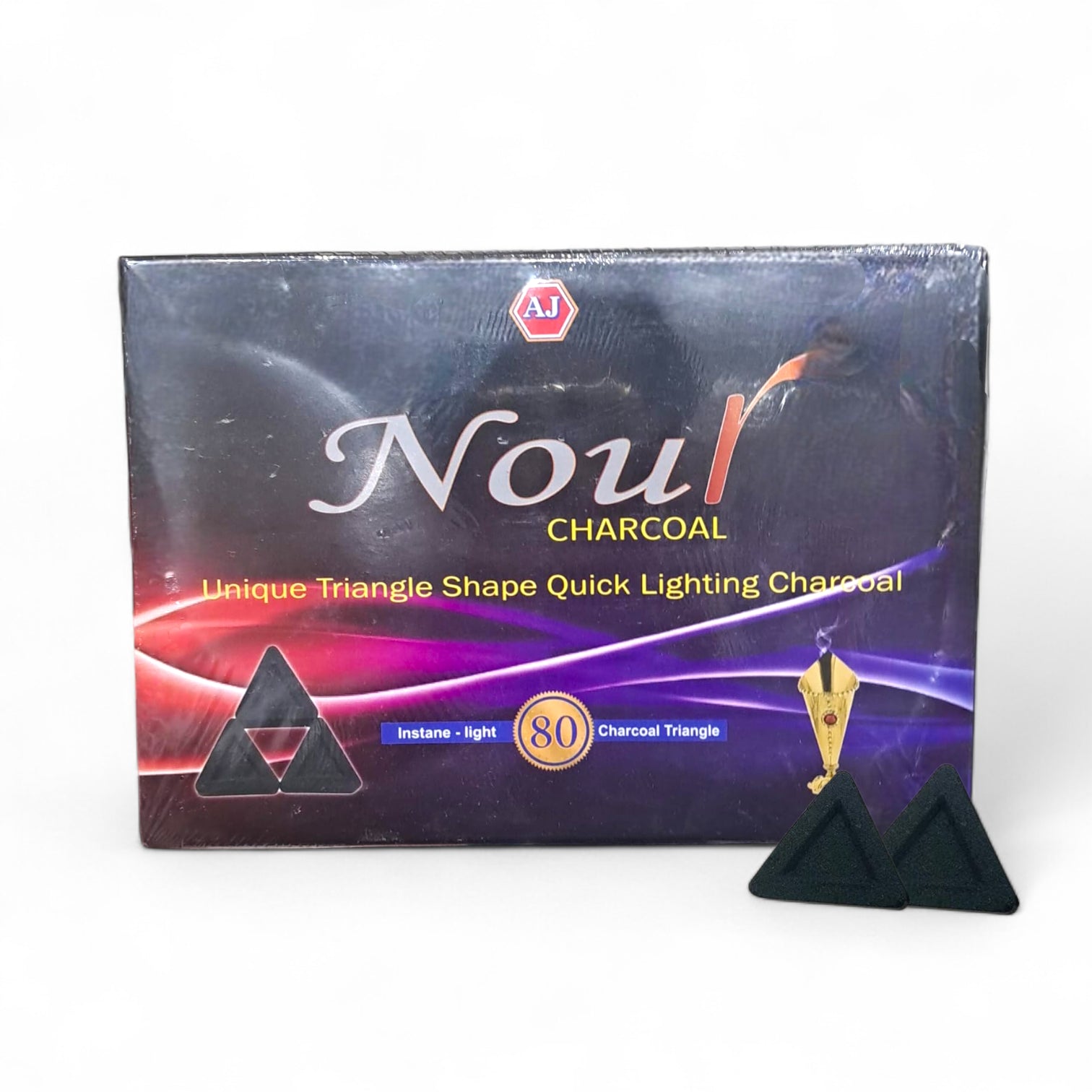 فحم AJ نور - 80 قطعة فحم مثلث الشكل فريد سريع الاشتعال | إشعال فوري، طويل الأمد، بدون دخان وآمن للبخور والشيشة والبخور 