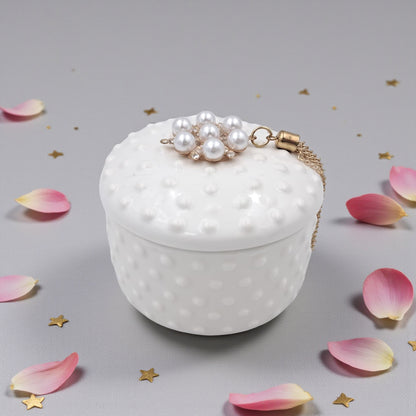 Elegant Porcelain Jewelry Box with Pearl & Crystal Lid – White Round Decorative Trinket Holder with Golden Tassel Accent