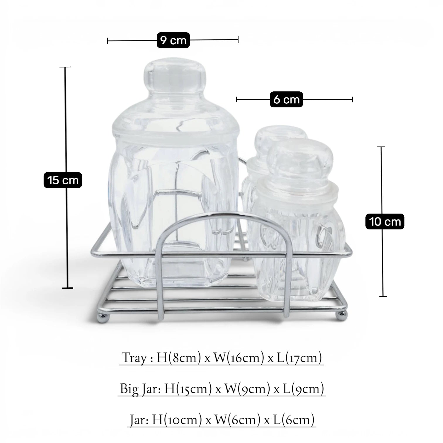 Acrylic Sugar Salt & Pepper Pot Set with Metal Rack, 3 Piece Clear Storage Jars with Lids for Kitchen Countertop Seasoning Organizer, Multi-Purpose Condiment Container Set - Damoo