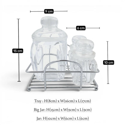 Acrylic Sugar Salt & Pepper Pot Set with Metal Rack, 3 Piece Clear Storage Jars with Lids for Kitchen Countertop Seasoning Organizer, Multi-Purpose Condiment Container Set - Damoo