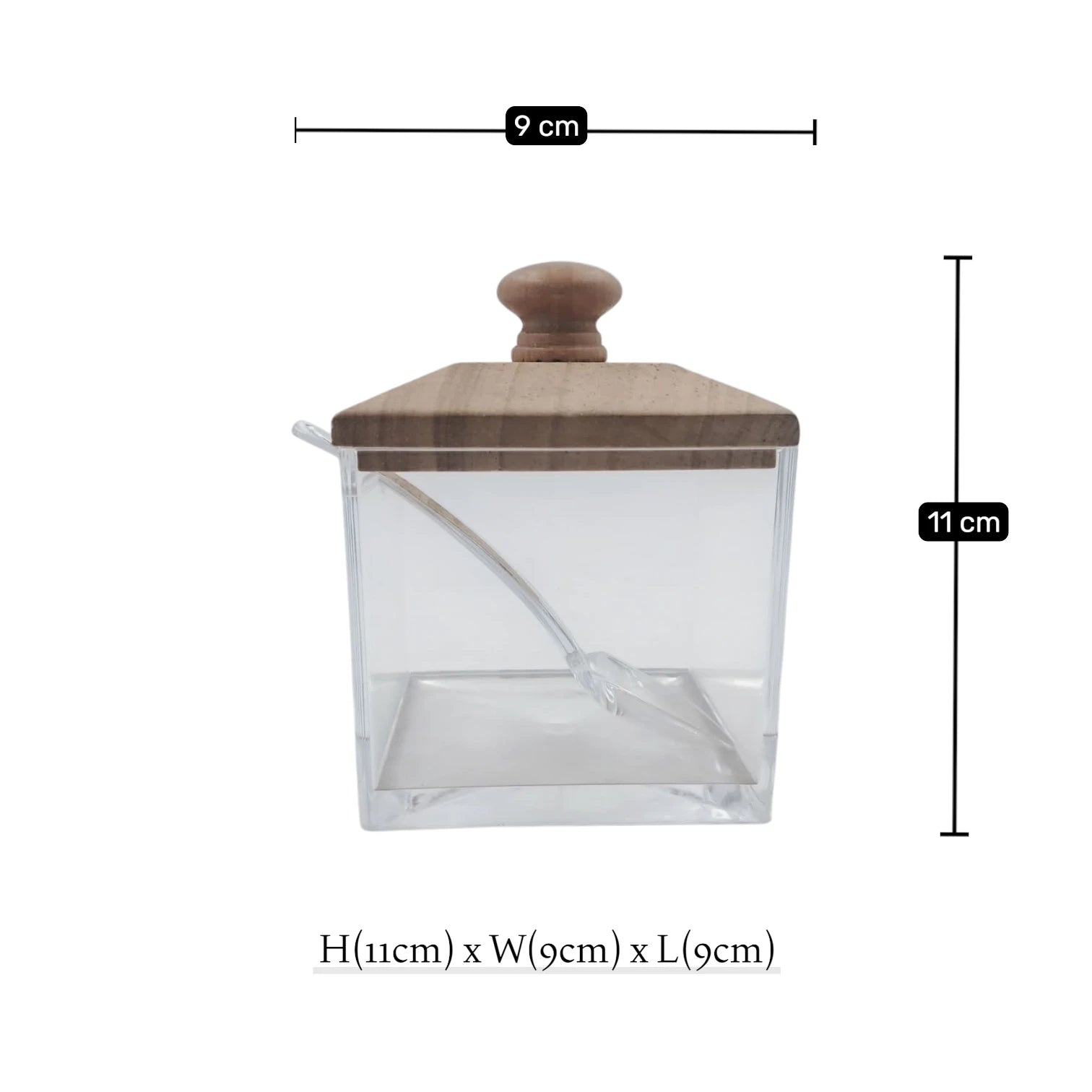 Acrylic Sugar Bowl with Wooden Lid & Spoon, Clear Kitchen Storage Container (11H x 9L x 9W CM), Multipurpose Condiment Jar - Damoo