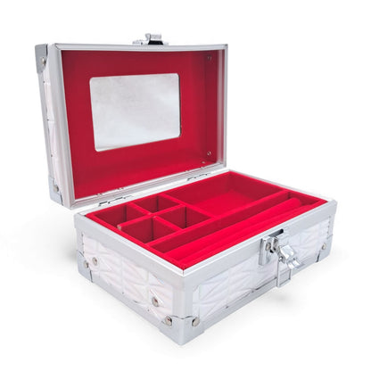 Premium Aluminum Jewelry Storage Box with Mirror & Removable Velvet Organizer – Compact Makeup & Accessories Case (H14cm x W13cm x L18cm) - Damoo