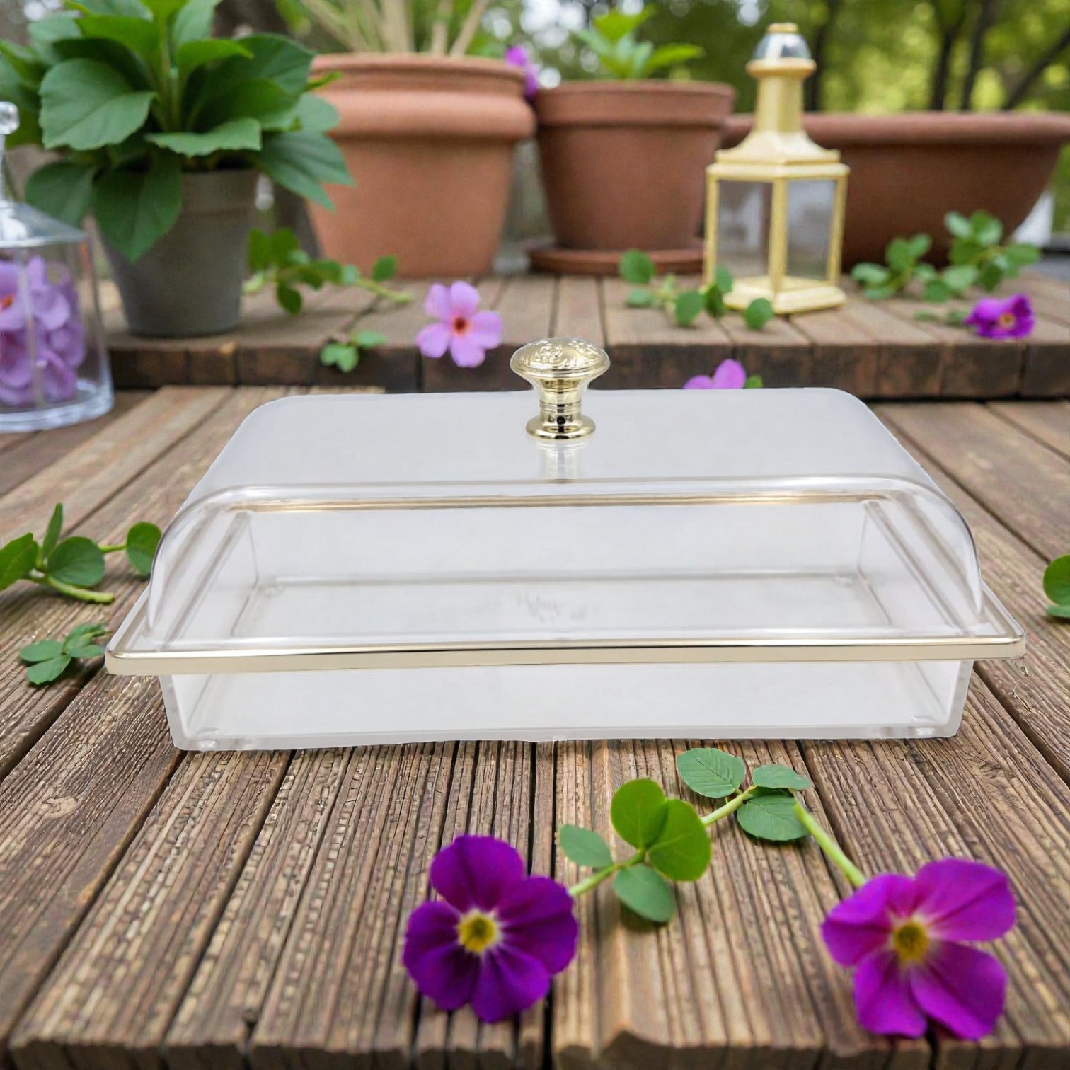 Multifunctional Rectangular Acrylic Cake Stand with Clear Dome Lid – Serving Tray & Pastry Display for Parties, Kitchen & Buffet – Gold & Silver Knob Options (H13cm × L29.5cm × W13.5cm × Cap26cm × Base26cm) - Damoo