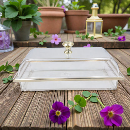 Multifunctional Rectangular Acrylic Cake Stand with Clear Dome Lid – Serving Tray & Pastry Display for Parties, Kitchen & Buffet – Gold & Silver Knob Options (H13cm × L29.5cm × W13.5cm × Cap26cm × Base26cm) - Damoo