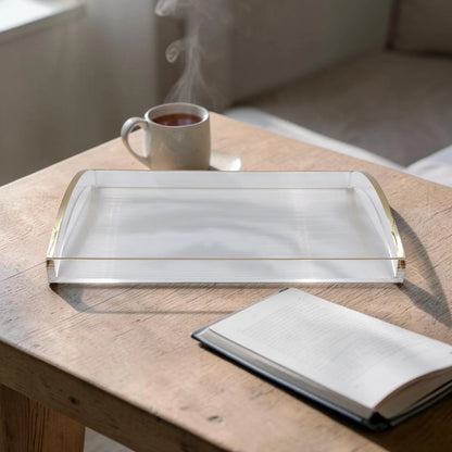 Modern Acrylic Serving Tray with Gold & Silver Handle Design – Clear Rectangular Organizer Tray (7H x 45L x 30W CM) - Damoo