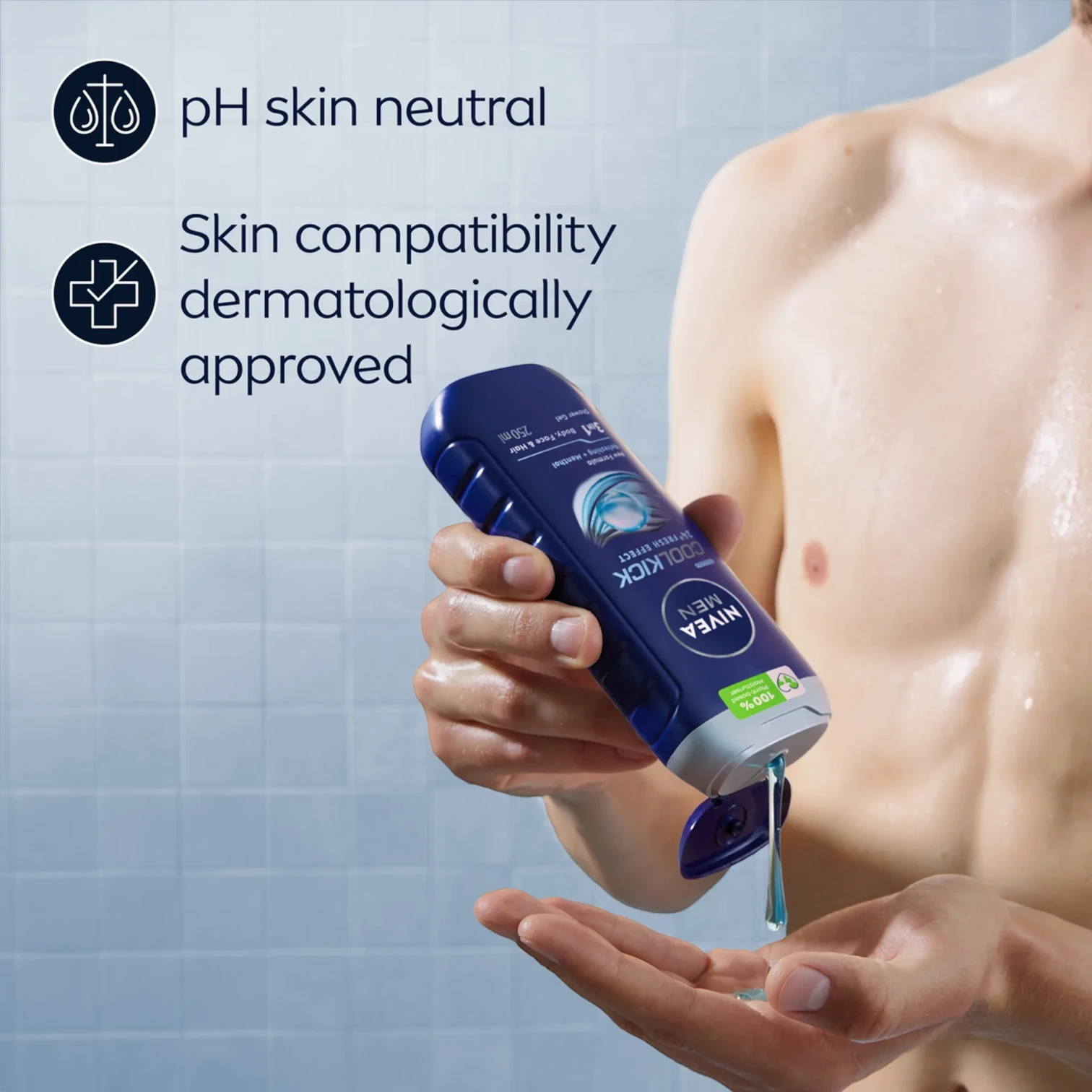 NIVEA MEN Cool Kick Shower Gel 250ml – 3in1 Body Face & Hair Wash with Icy Menthol 24H Fresh Effect pH Balanced Daily Cleanser - Damoo