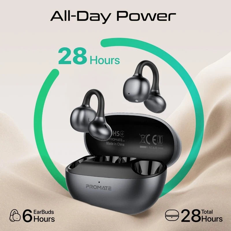 سماعات أذن PROMATE AudioFit لاسلكية حقيقية مفتوحة الأذن – ستيريو، أسود، 28 ساعة مع العلبة، اتصال متعدد النقاط وتحكم باللمس