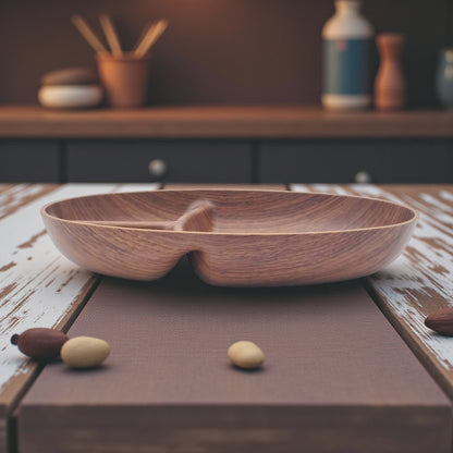 Evelin Tokyo Oval Snack Dish – 3-Compartment Faux Wood Serving Plate | Durable Food-Safe Polystyrene | 17 × 4 × 24 cm