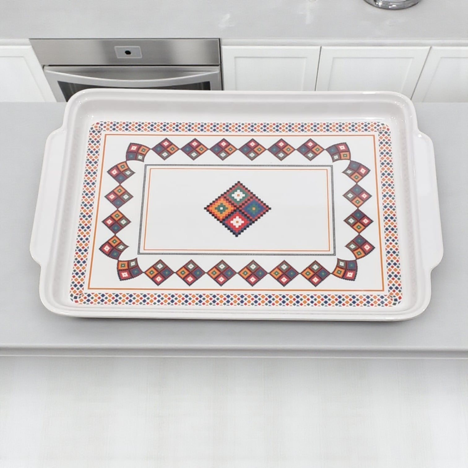Traditional Rectangular Serving Tray – White Plastic Tray with Arabic Geometric Design | Durable Lightweight Tray for Tea, Coffee & Snacks - Damoo