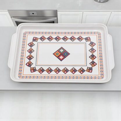 Traditional Rectangular Serving Tray – White Plastic Tray with Arabic Geometric Design | Durable Lightweight Tray for Tea, Coffee & Snacks - Damoo