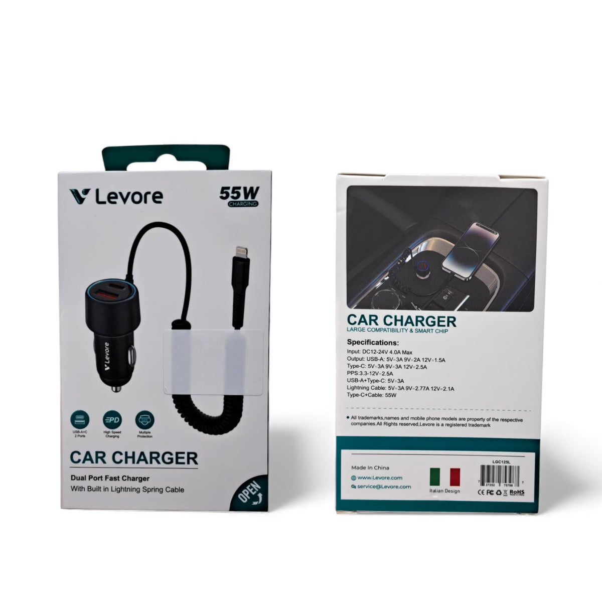 Levore 55W Dual-Port Car Charger with Built-in Lightning Spring Cable | USB-A & Type-C Fast Charging | PD & QC Smart Technology | Multiple Protection System | High-Speed Charger for iPhone, Samsung, Android & Tablets