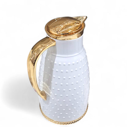 Ansa Premium White Insulated Thermos Flask – Elegant Dotted Design with Chrome or Gold Finish – 1L Vacuum Jug for Hot & Cold Beverages - Damoo