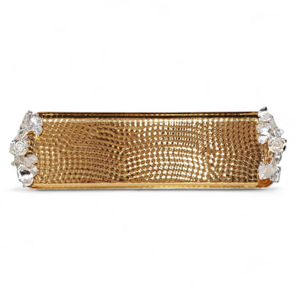 Luxury Hammered Gold Rectangular Serving Tray with Silver Floral Handles – Stainless Steel Decorative Tray for Elegant Dining and Home Décor - Damoo