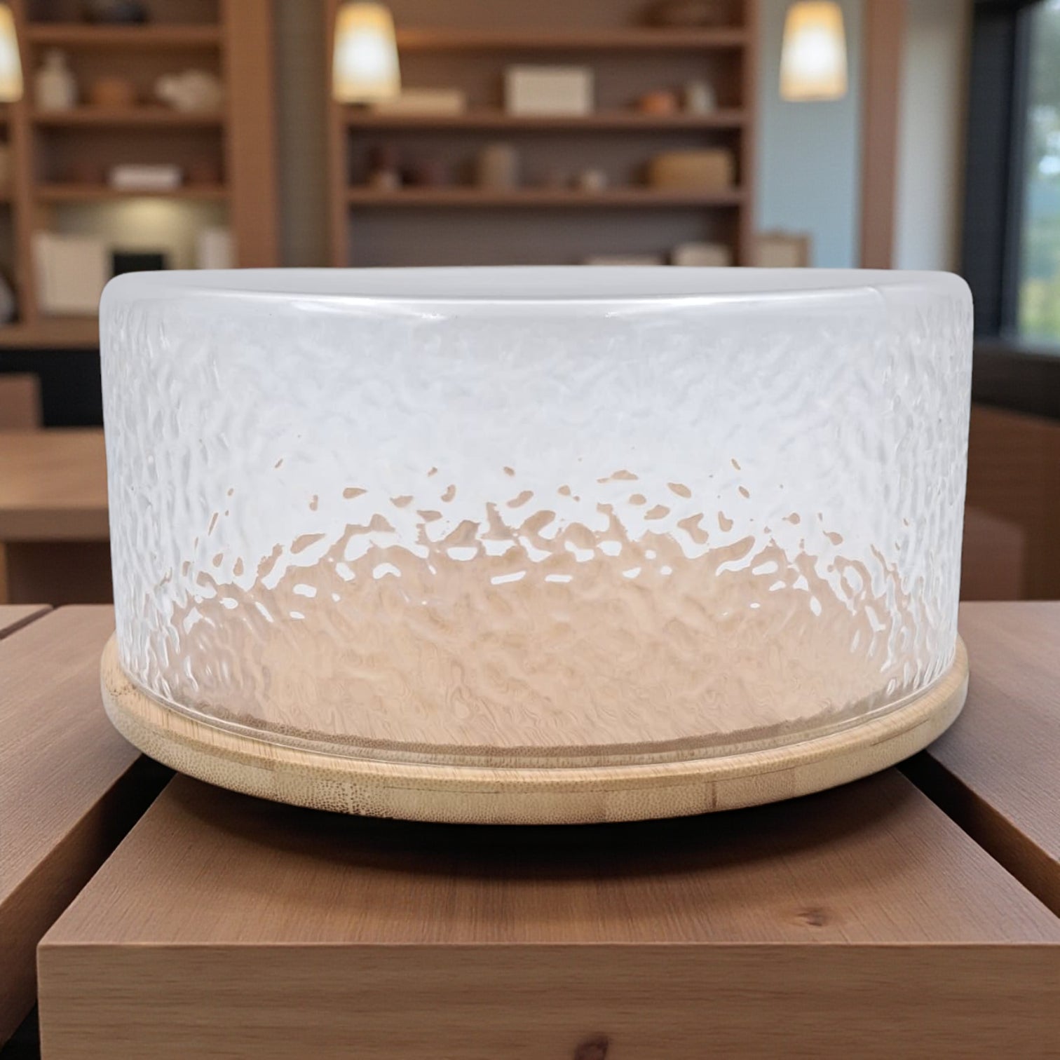 Textured Glass Cake Dome with Bamboo Base | Elegant Serving Display Cover for Cakes, Pastries & Cheese | Eco-Friendly & Modern Kitchenware