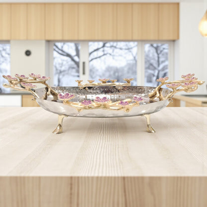 Elongated Hammered Oval Tray with Pink Floral Accents – Stainless Steel & Brass Decorative Serving Platter | Elegant Food-Safe Table Centerpiece - Damoo