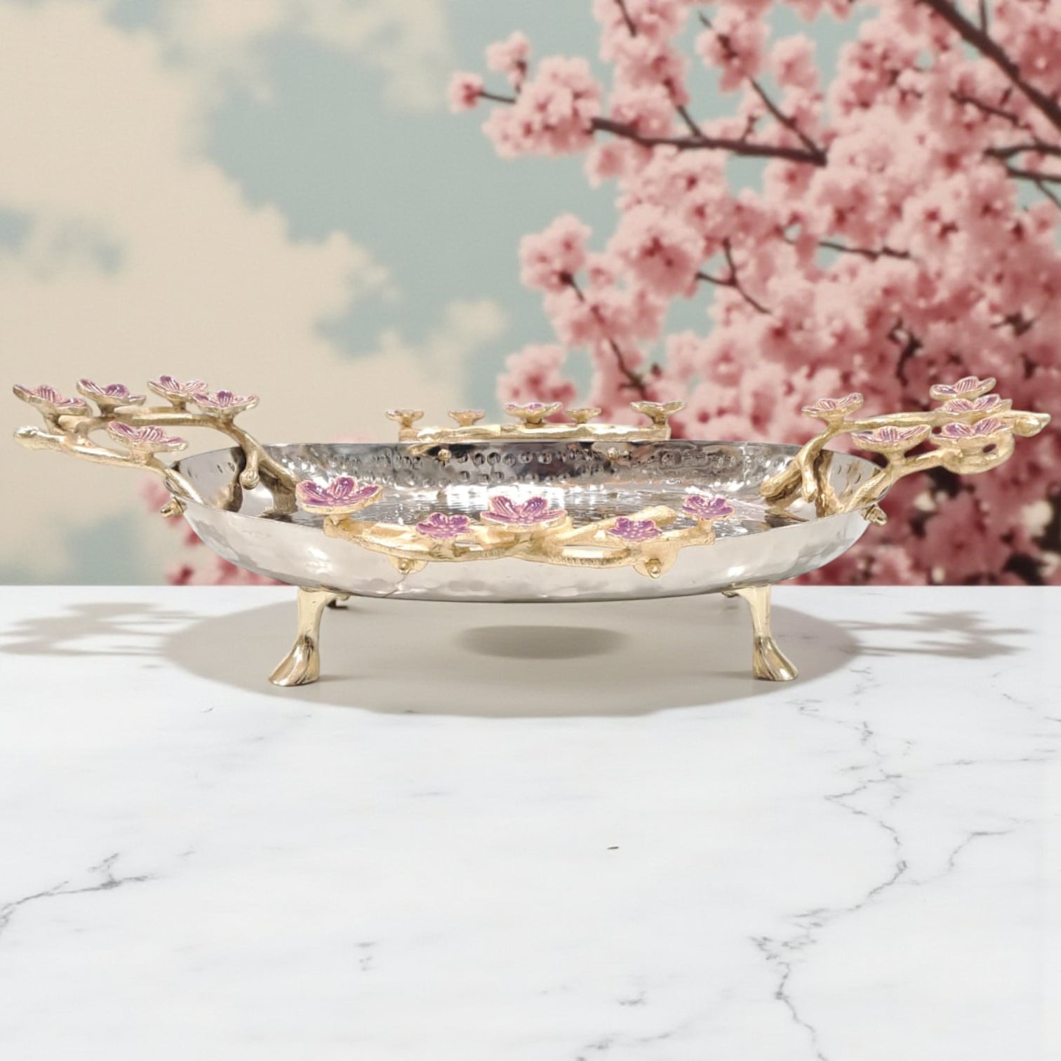 Elongated Hammered Oval Tray with Pink Floral Accents – Stainless Steel & Brass Decorative Serving Platter | Elegant Food-Safe Table Centerpiece - Damoo
