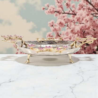 Elongated Hammered Oval Tray with Pink Floral Accents – Stainless Steel & Brass Decorative Serving Platter | Elegant Food-Safe Table Centerpiece - Damoo