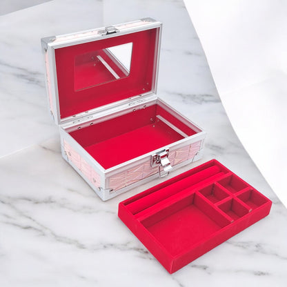 Premium Aluminum Jewelry Storage Box with Mirror & Removable Velvet Organizer – Compact Makeup & Accessories Case (H14cm x W13cm x L18cm) - Damoo