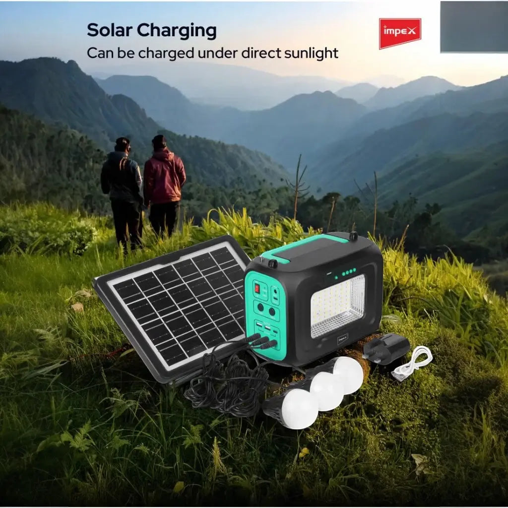 Impex Multifunctional Portable Power Station IP 12001 – 12000mAh Li-Iron Battery with 6V 8W Solar Panel, 5W Torch, FM Radio, Bluetooth Speaker, 3x2W LED Bulbs & Warning Lights – Ideal for Camping, Emergency & Outdoor Use - Damoo
