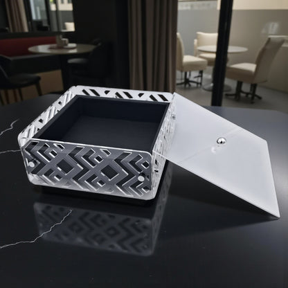 Rectangular Decorative Acrylic Box with Silver Geometric Design & Clear Lid – Elegant Storage or Tissue Case (H11cm x W18cm x L32cm | Cap 27cm)