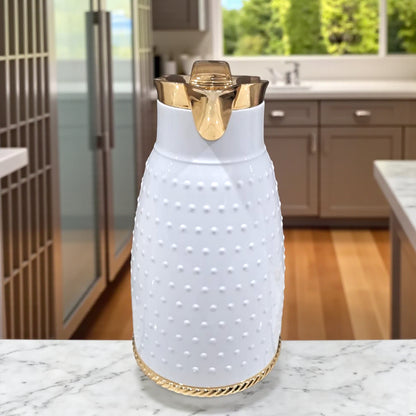 Ansa Premium White Insulated Thermos Flask – Elegant Dotted Design with Chrome or Gold Finish – 1L Vacuum Jug for Hot & Cold Beverages - Damoo