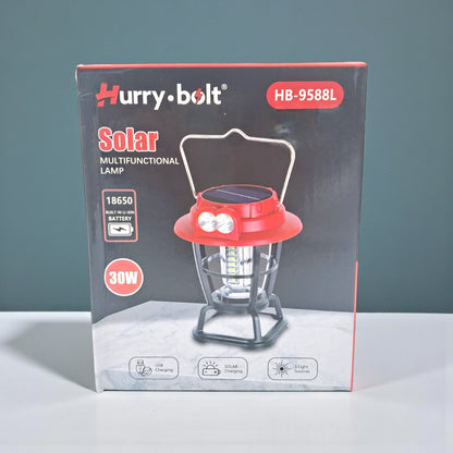 Hurry Bolt HB-9588L Solar Rechargeable LED Lantern 30W – 300 Lumens with USB + Solar Charging, Dual Light Sources & Handle | 1200mAh Battery for Camping, Hiking, Home & Emergency Use