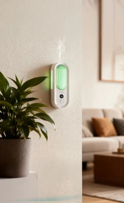 موزع العطور المثبت على الحائط GREEN LION AROMA LITE – سعة 55ML، ضبط الرذاذ بـ5 مستويات، إضاءة LED وشاشة رقمية، أبيض بمقبض أخضر