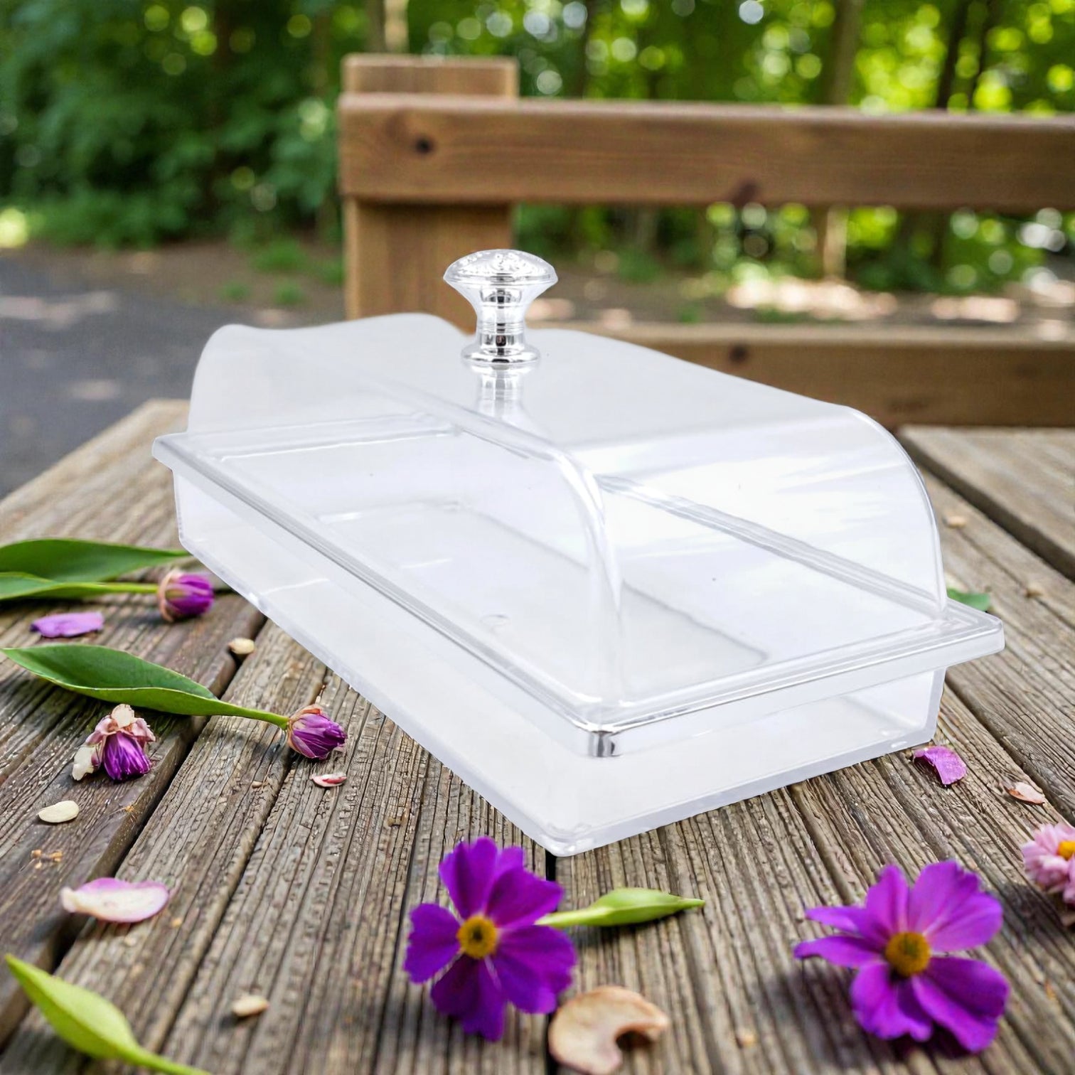 Multifunctional Rectangular Acrylic Cake Stand with Clear Dome Lid – Serving Tray & Pastry Display for Parties, Kitchen & Buffet – Gold & Silver Knob Options (H13cm × L29.5cm × W13.5cm × Cap26cm × Base26cm) - Damoo
