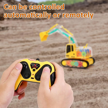 XIE MING Remote Control Excavator Toy for Kids +6| RC Construction Vehicle with Transparent Gear, Sound & Light Effects | Rechargeable Battery, 360° Rotation