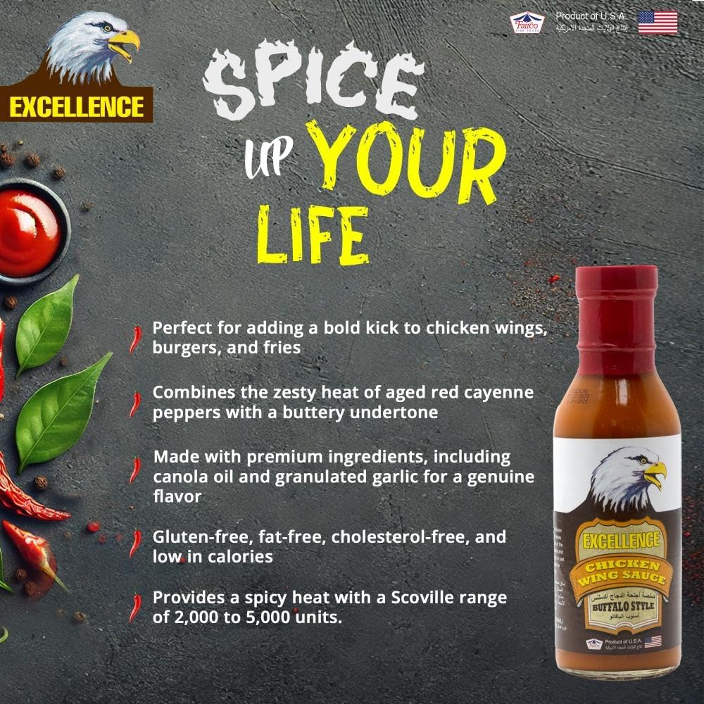 Excellence Buffalo Style Chicken Wing Sauce 354ml – Spicy American-Style Wing Sauce for Grilling, Dipping & Cooking | Authentic Flavor, Made in USA