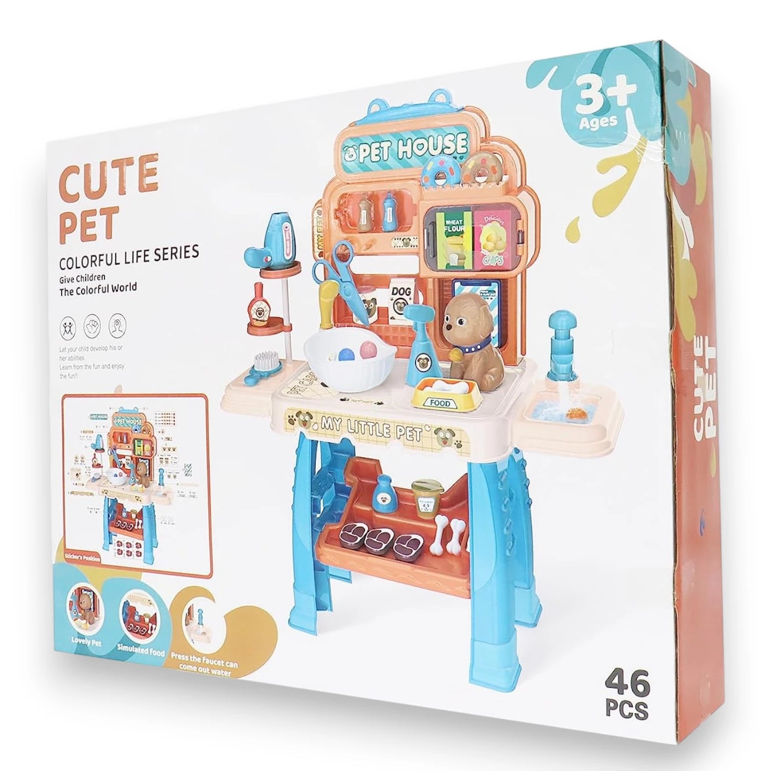 Cute Pet House Play Set 46 Pcs | Pet Care Toy with Food, Accessories & Water Faucet | Pretend Play Animal Care Set for Kids Ages 3+