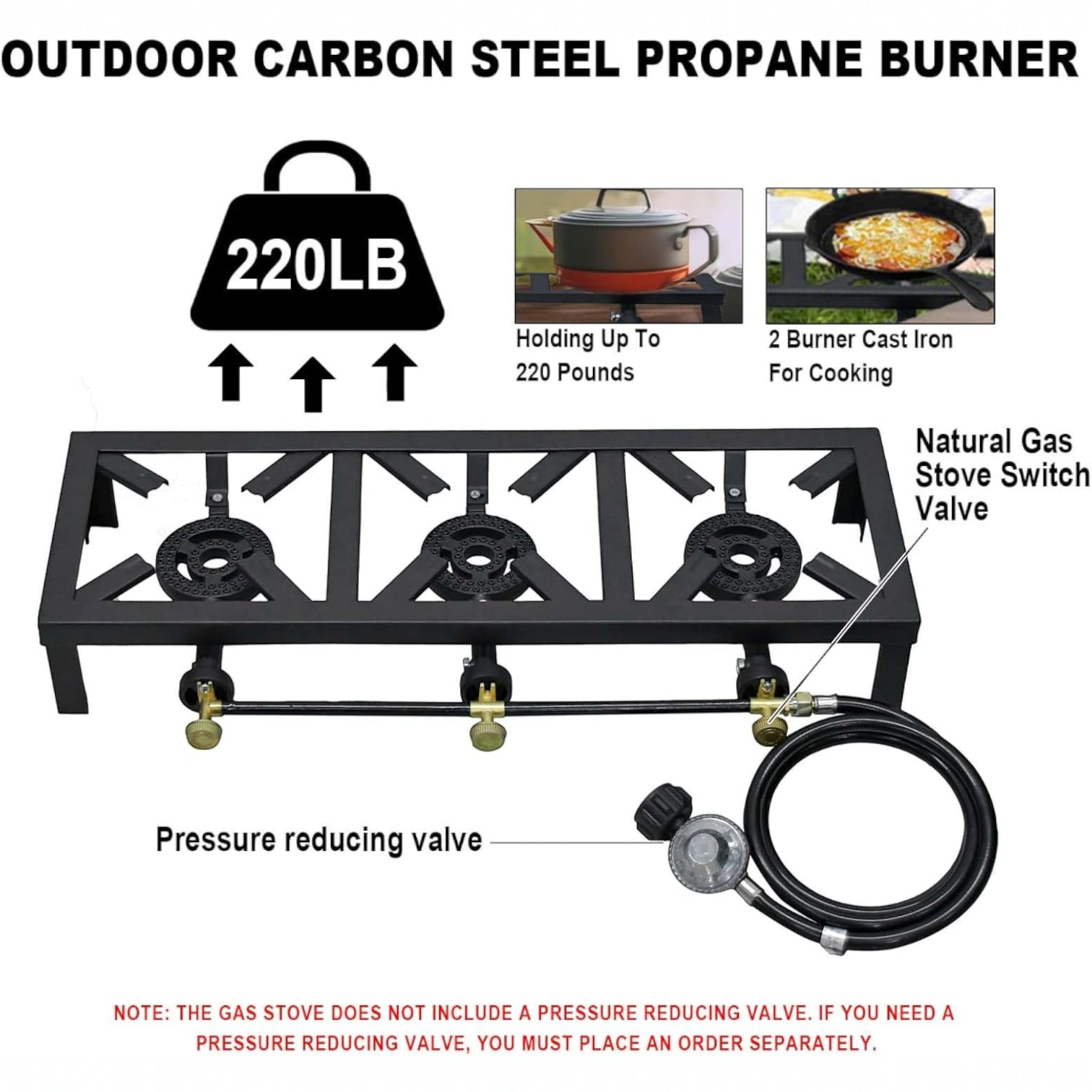 Heavy Duty Propane Gas Burner Stove – 3 Burner Cast Iron Outdoor & Indoor Cooking Range – Portable High Heat LPG Gas Cooker for Patio, Camping, BBQ, Catering, and Large Family Cooking