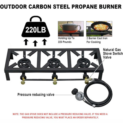 Heavy Duty Propane Gas Burner Stove – 3 Burner Cast Iron Outdoor & Indoor Cooking Range – Portable High Heat LPG Gas Cooker for Patio, Camping, BBQ, Catering, and Large Family Cooking