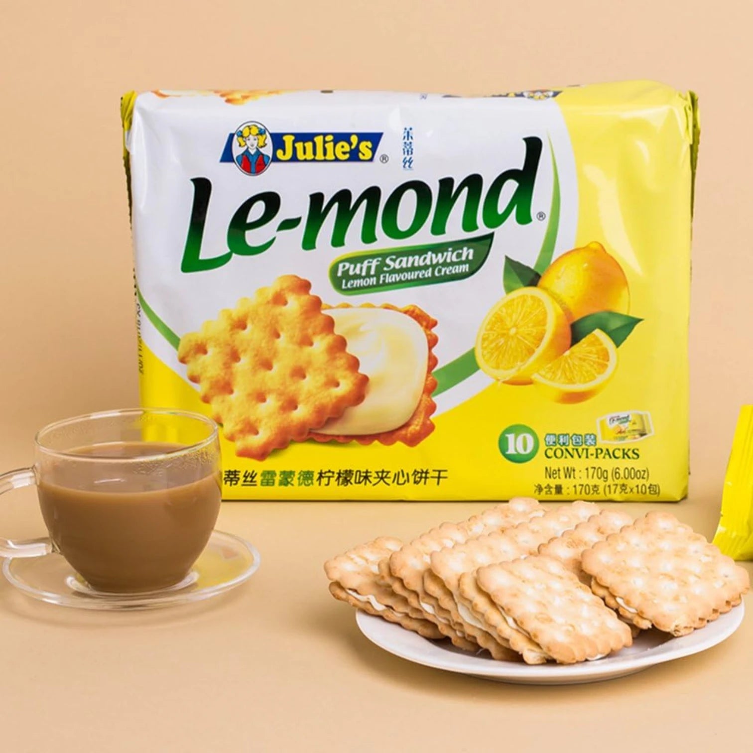 Julie’s Le-Mond Puff Sandwich Biscuits – Zesty Lemon Cream Filling – 180g | Halal, Crispy & Refreshing Snack - Damoo