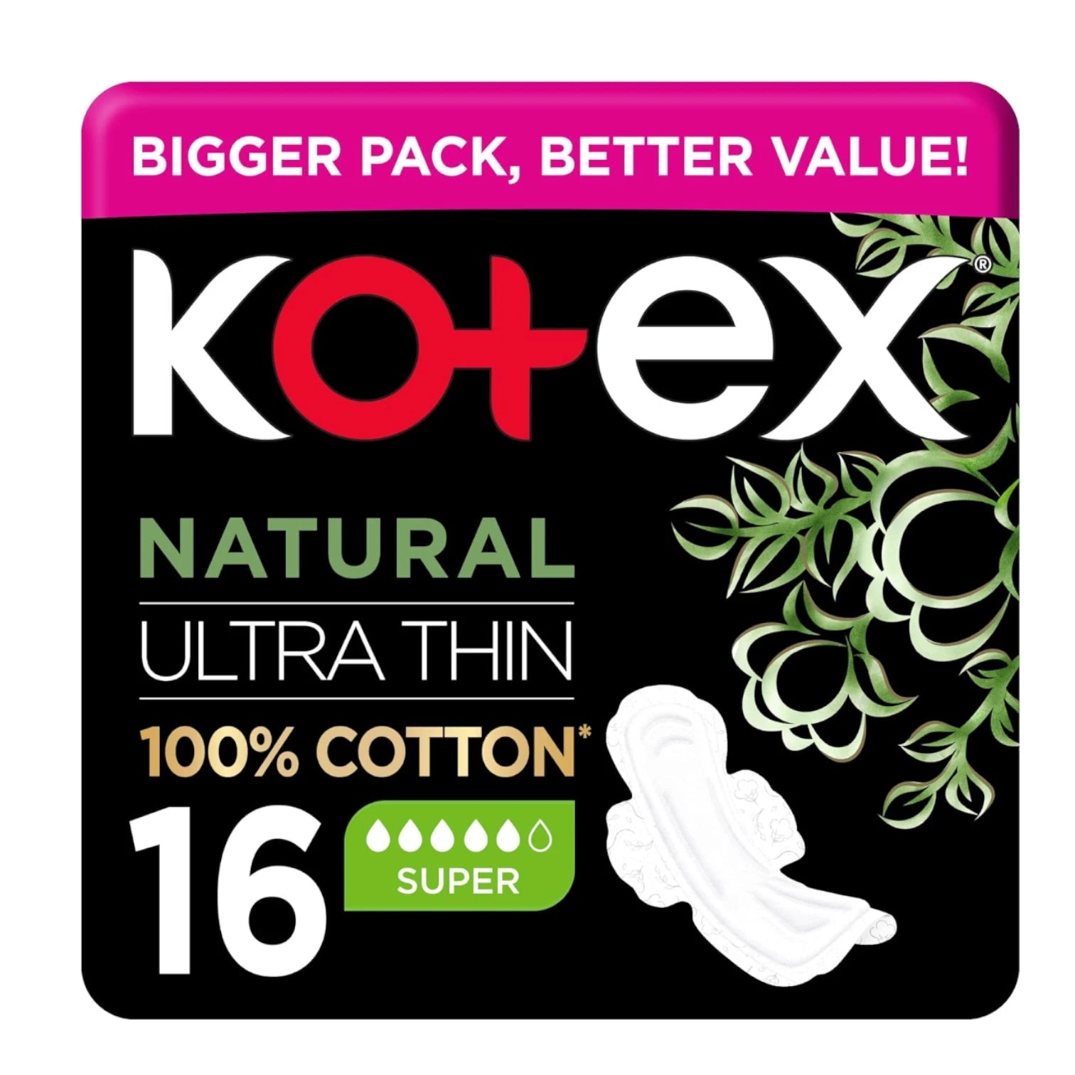 Kotex Natural Ultra Thin Sanitary Pads – Super Size, 100% Cotton, Hypoallergenic with Wings, 16 Count | Gentle & Leak-Proof Feminine Protection - Damoo