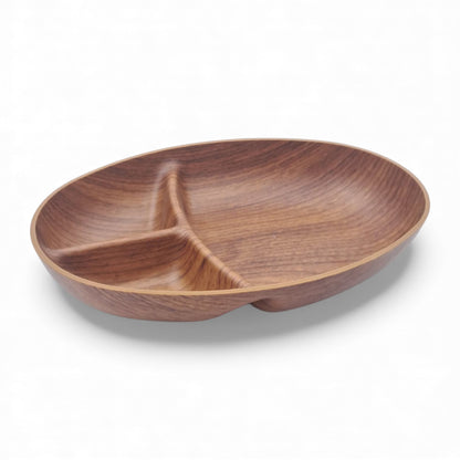 Evelin Tokyo Oval Snack Dish – 3-Compartment Faux Wood Serving Plate | Durable Food-Safe Polystyrene | 17 × 4 × 24 cm