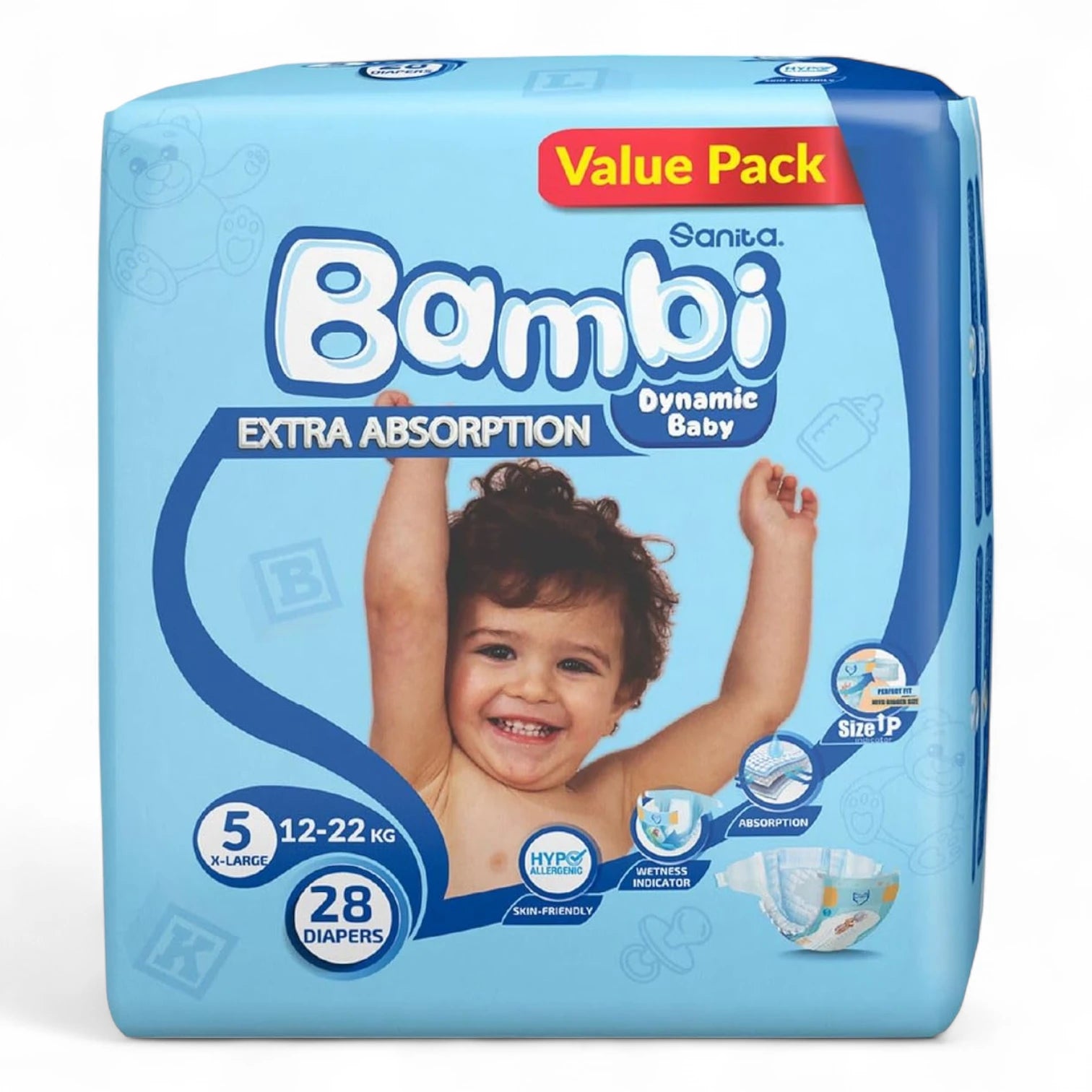 Sanita Bambi Baby Diapers Value Pack – Size 5 (X-Large), 12–22 KG | 28 Count | Ultra-Thin & Super Absorbent for Active Babies - Damoo