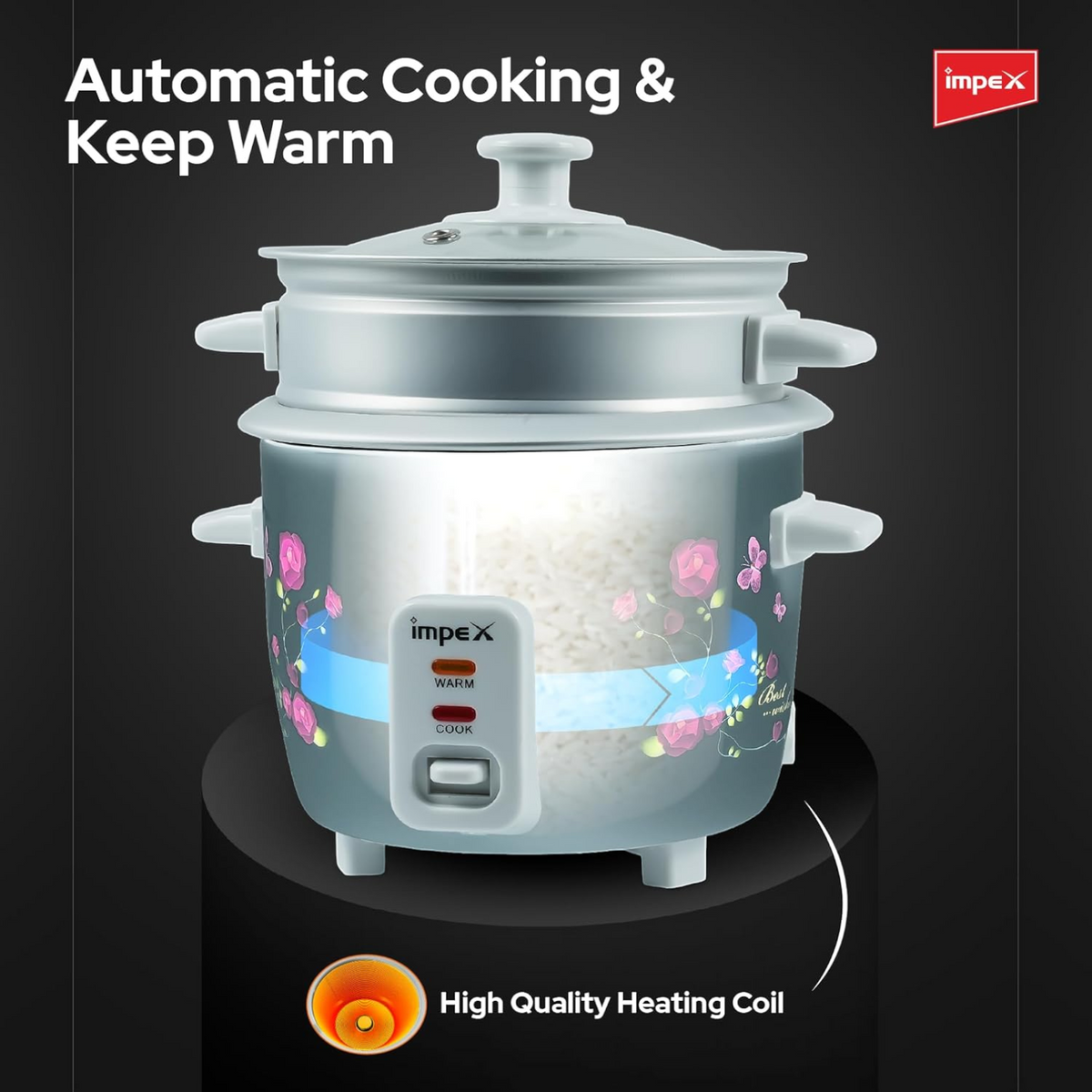 Impex RC 2805 Electric Rice Cooker 0.6L | 350W Compact Automatic Rice Cooker with Aluminum Inner Pot & Steamer Function | Easy Cooking & Keep Warm Feature