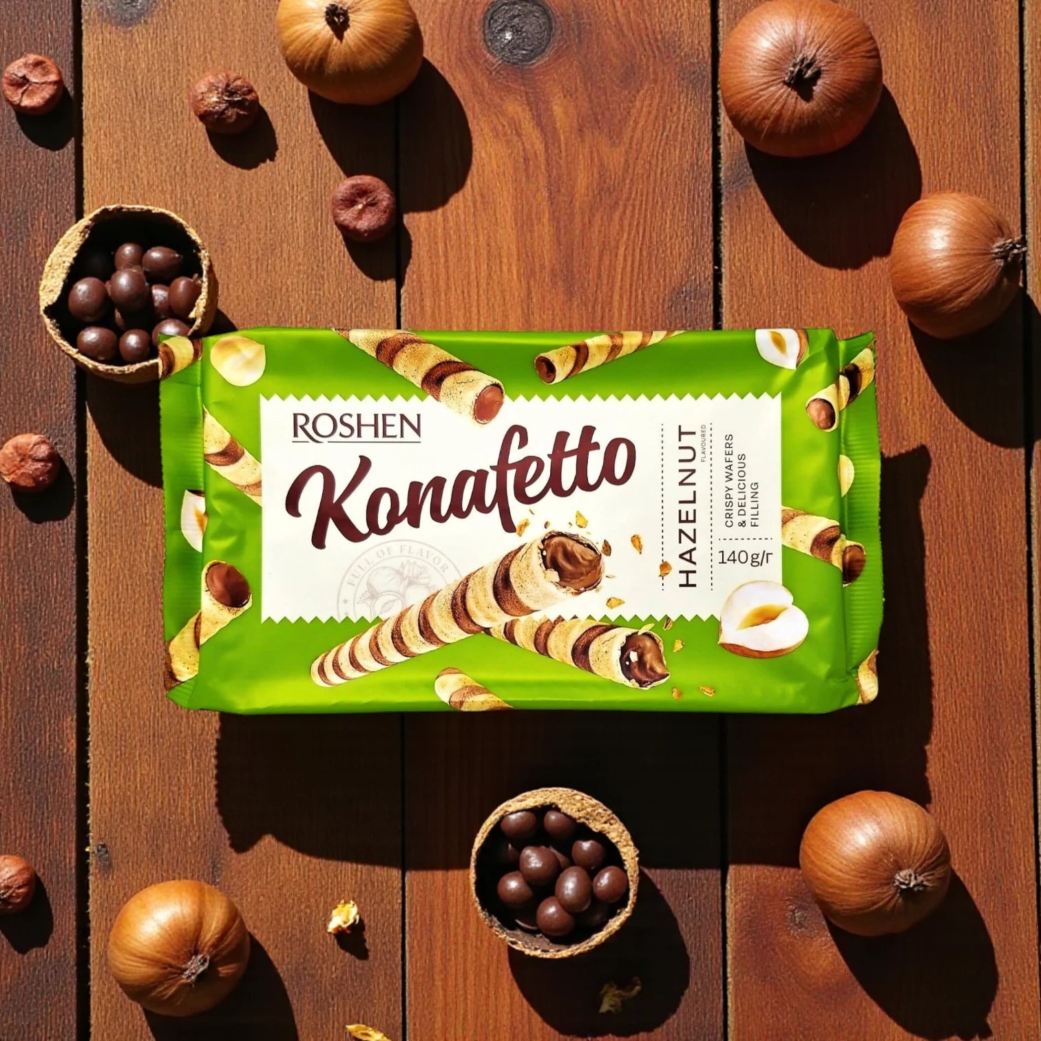 Roshen Konafetto Hazelnut Wafer Rolls – 3 x 140g | Crispy Rolled Wafers with Smooth Hazelnut-Cream Filling | Sweet Snack or Dessert Treat - Damoo