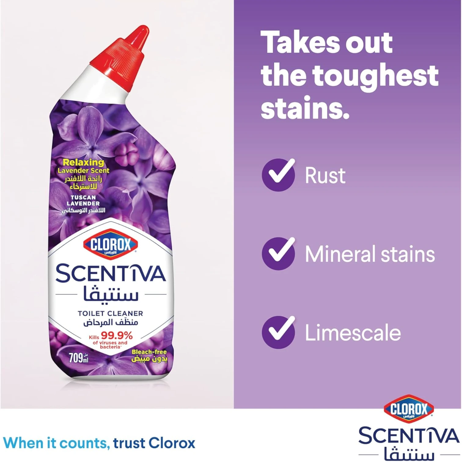 Clorox Scentiva Toilet Cleaner Tuscan Lavender – 709ml x 3 Pack | Powerful Disinfectant with Long-Lasting Fragrance | Removes Stains & Kills 99.9% of Germs