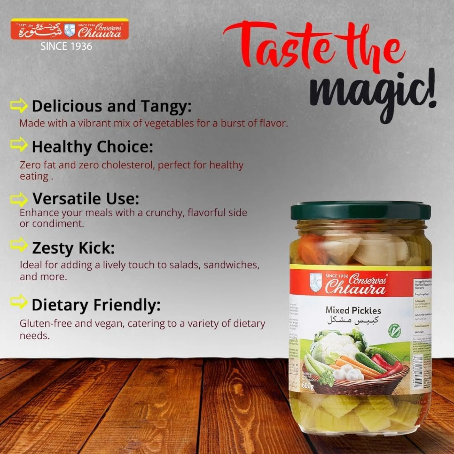 Chtaura Mixed Vegetable Pickle in Glass Bottle, Crunchy Gluten-Free Vegan Pickled Vegetables for Salads, Sandwiches & Side Dishes – 600g, Zero Fat & Cholesterol - Damoo