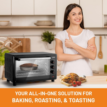 HTHCÖ 48L Electric Oven HTH260D – Multifunction Toaster Oven with Convection Fan, Rotisserie & Keep Warm Function | Compact Countertop Oven for Toasting, Baking, Grilling & Roasting (Black) - Damoo