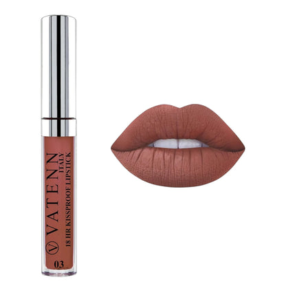 Vatenn Italy 18 Hr Kissproof Liquid Lipstick – Shade 03 Mahogany, Waterproof Long-Lasting Matte Finish, High-Pigment Full-Coverage Lip Color - Damoo