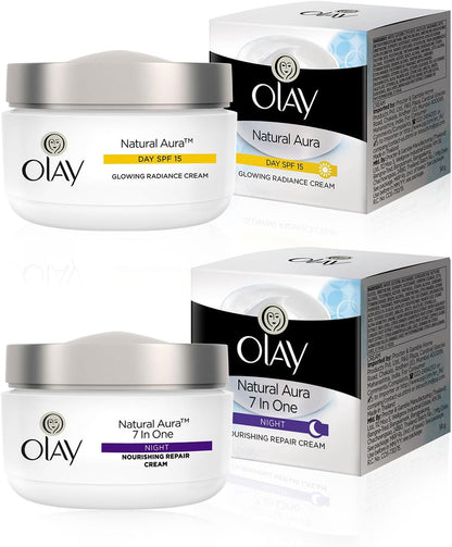 OLAY Natural Aura Morning and Night Cream 50g Pack Of 2 – Glowing Radiance Day Cream SPF 15, All-in-One Radiance Night Cream