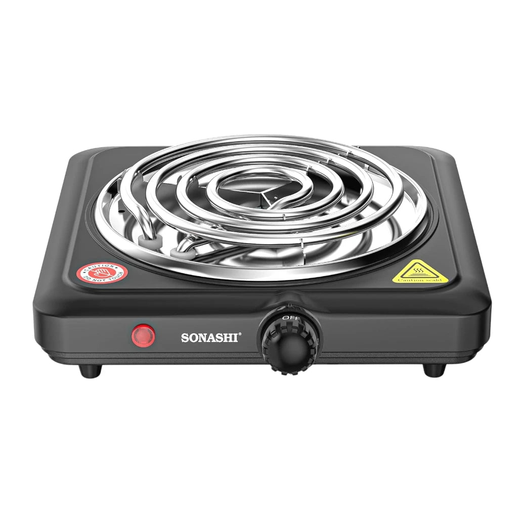 Sonashi Single Spiral Hot Plate – 1500W Portable Electric Cooker with 150mm Plate Diameter, Adjustable Temperature Control, Auto Thermostat, Non-Slip Feet, Indicator Light – Ideal for Home, Office, Dorm, Camping, Black - SHP-609CN - Damoo