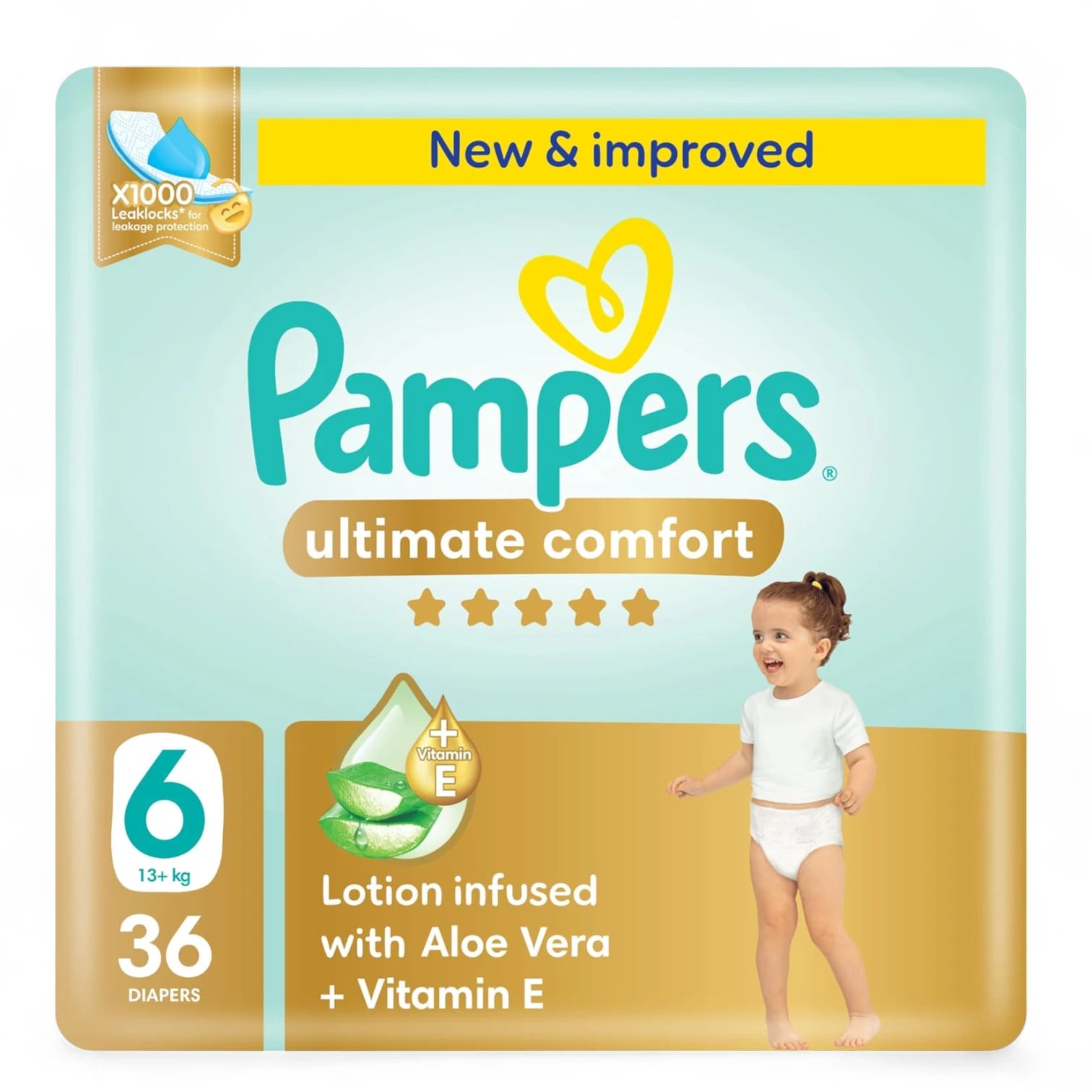 Pampers Ultimate Comfort Taped Diapers – Size 6 (13+ kg), 36 Count | Infused with Aloe Vera & Vitamin E | x1000 Leak Locks™ Technology, Double Leak Guards & SHA Certified Skin Protection - Damoo