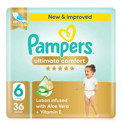 Pampers Ultimate Comfort Taped Diapers – Size 6 (13+ kg), 36 Count | Infused with Aloe Vera & Vitamin E | x1000 Leak Locks™ Technology, Double Leak Guards & SHA Certified Skin Protection - Damoo