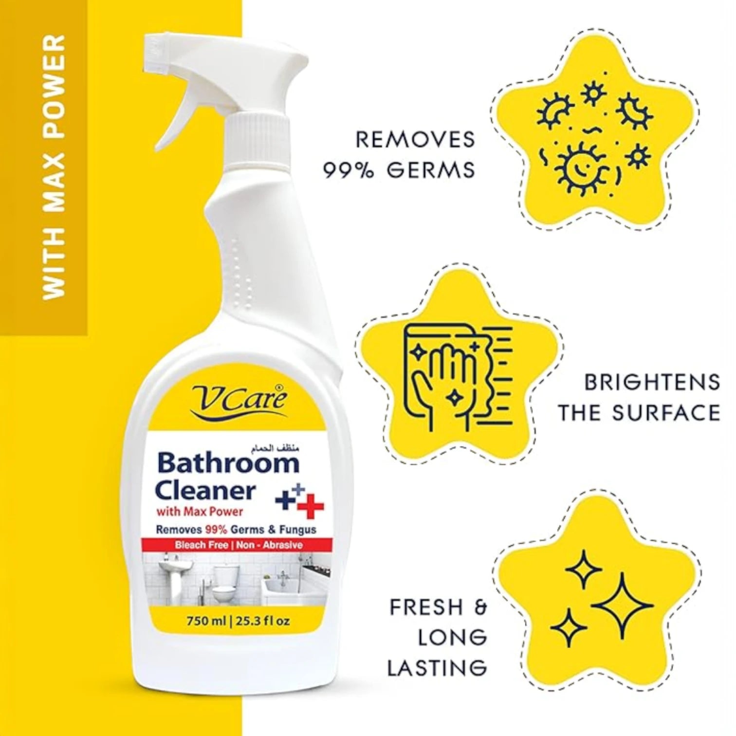 V Care Bathroom Cleaner Trigger Spray – Lime Scent, 750ml (Pack of 2) | Removes 99% of Germs & Fungus | Bleach-Free, Non-Abrasive, Powerful Bathroom Disinfectant
